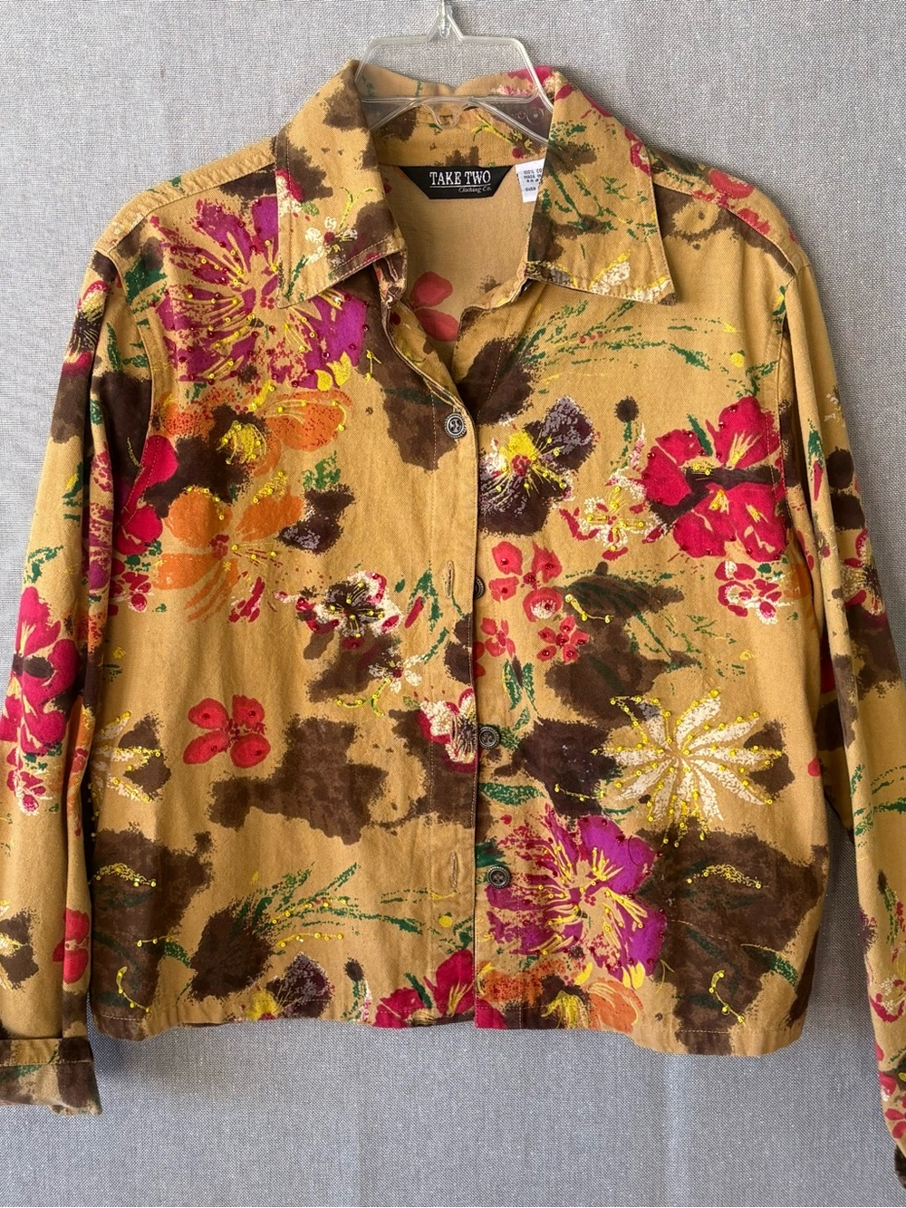 Take Two Floral Button-Up Jacket in Mustard with Pink & Brown Accents large